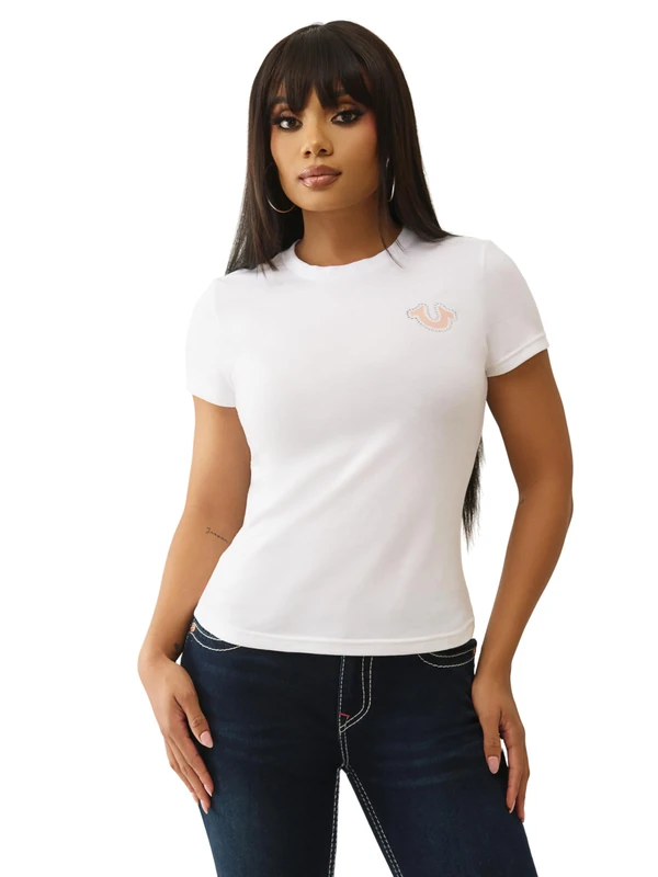 True Religion Women's Buddha Face Short Sleeve Crew Tee, White, XXL