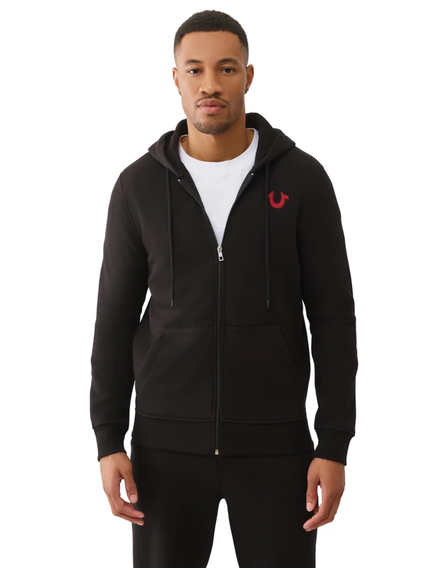 True Religion Men's True Embroidered Zip Hoodie, Beige, XL