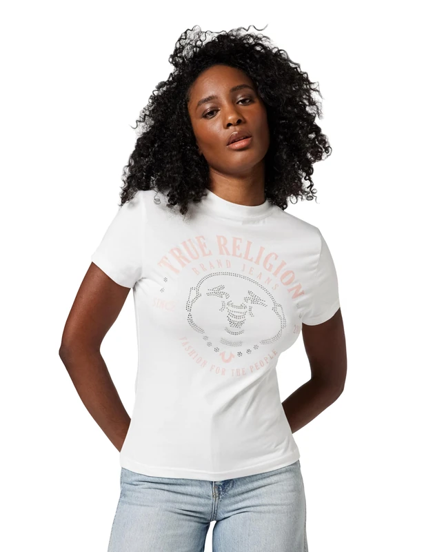 True Religion Women's Buddha Face Short Sleeve Crew Tee, White, XS