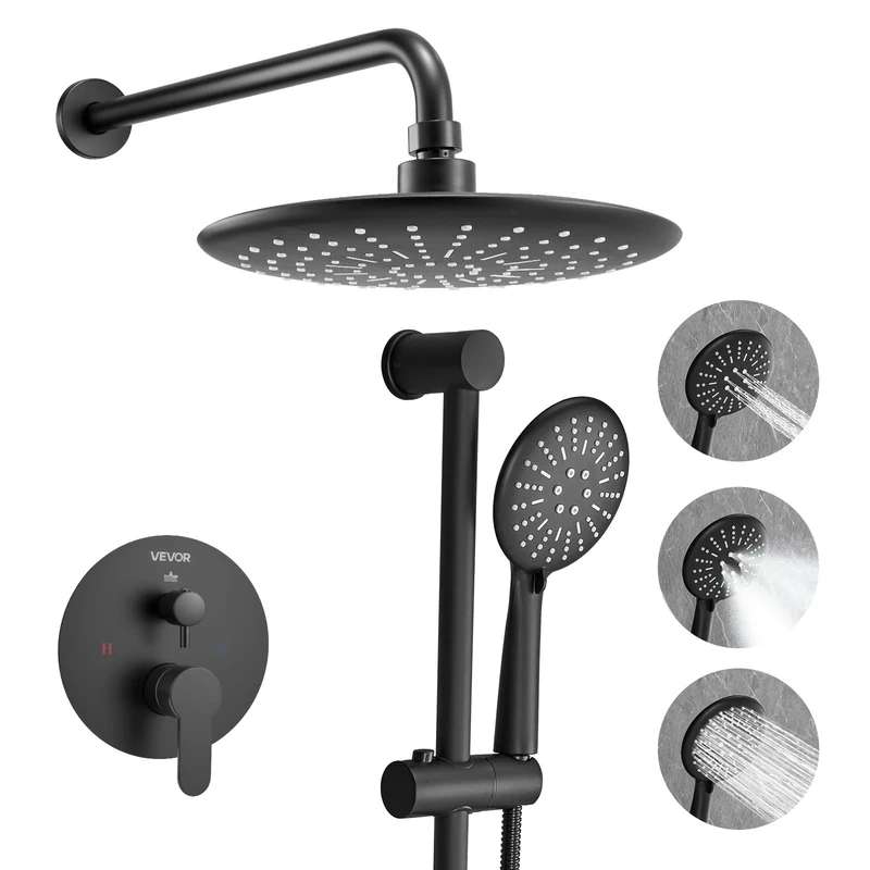 VEVOR Shower Faucet Set, Rainfall Bathroom Shower System with 9-Inch (23cm) Round Rain Shower Head and Handheld Spray, Wall Mounted Bath Fixtures with Brass Valve and Trim Kit, Matte Black