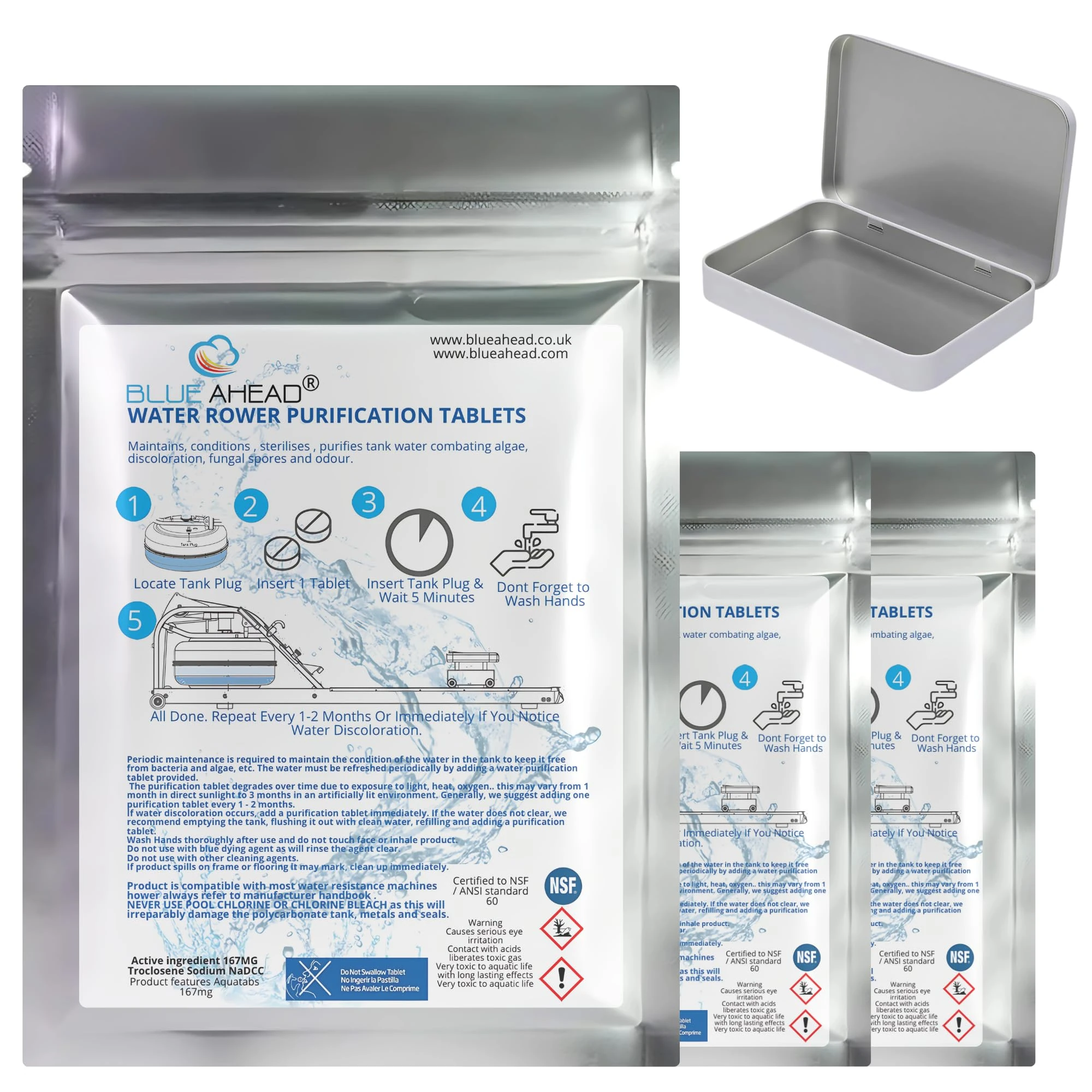 BLUE AHEAD® Chlorine Puritabs Steriliser Tablets For Waterrower Water Rower Rowing Machine Purification Against Algae Tank Maintains Purifies 1 Year Supply (3 Pack)