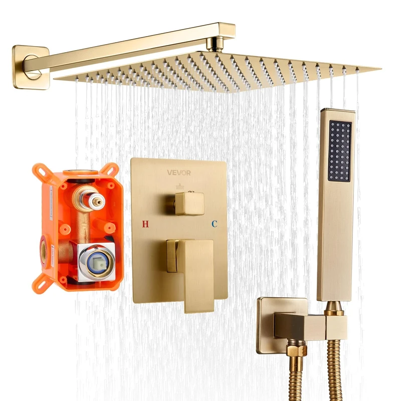 VEVOR Shower Faucet Set, Rainfall Bathroom Shower System with 12-Inch (30.5cm) Square Rain Shower Head and Handheld Spray, Wall Mounted Bath Fixtures with Brass Valve and Trim Kit, Brushed Gold
