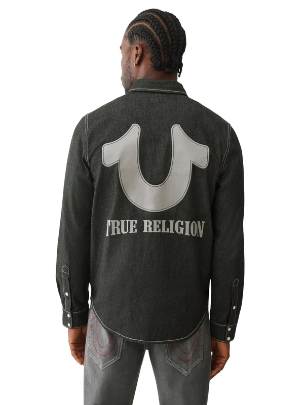 True Religion Men's Black Chambray Logo Long Sleeve, Black, XXL
