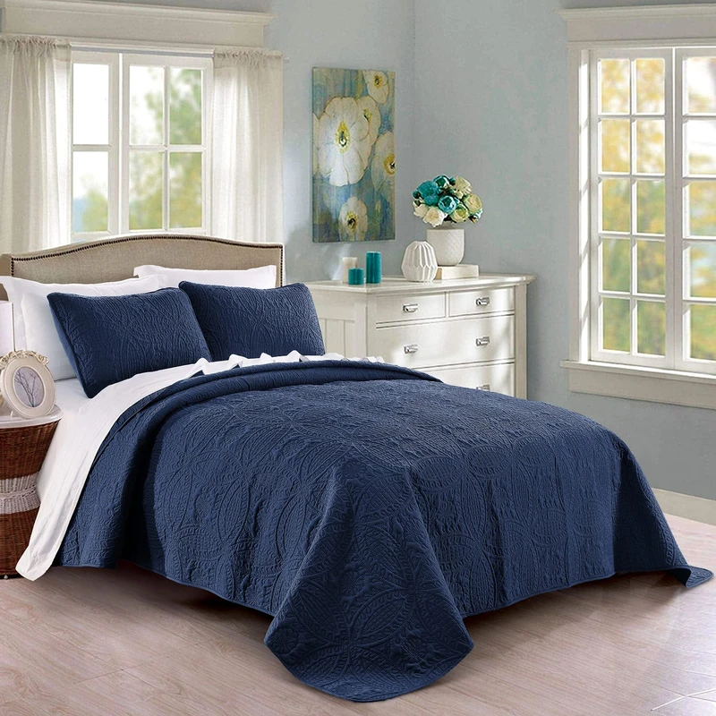 Pure Bedding Quilt Set Full/Queen Size Navy - Oversized Bedspread - Soft Microfiber Lightweight Coverlet for All Season - 3 Piece Includes 1 Quilt and 2 Shams, Geometric Pattern - Image 1