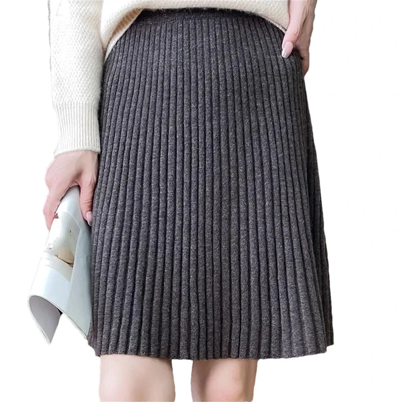 Women Wool Short Knitted Mini Skirt Solid Elastic High Waist Pleated Umbrella Skirts Brown L