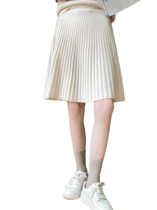 Women Wool Short Knitted Mini Skirt Solid Elastic High Waist Pleated Umbrella Skirts Apricot L