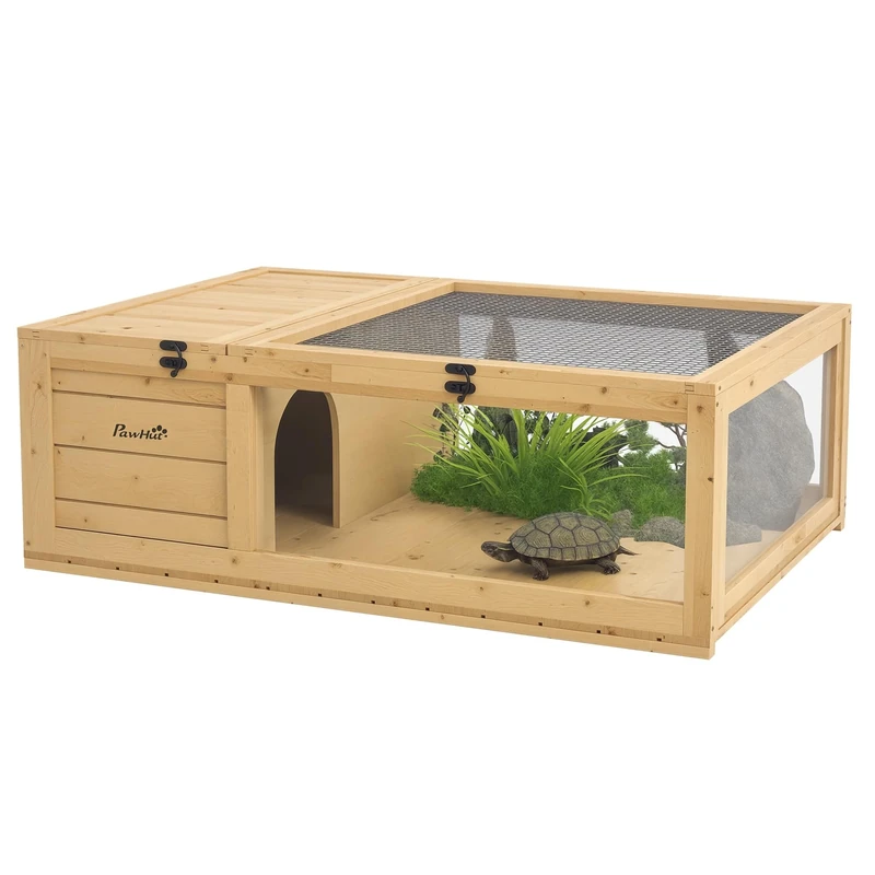 PawHut Tortoise House with Mesh Roof, Small Reptile Wooden House, Tortoise Enclosure with Removable Side Panel, for Indoor - Light Yellow