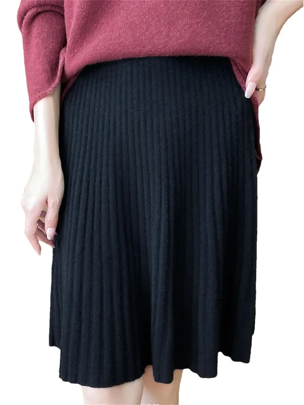 Women Wool Short Knitted Mini Skirt Solid Elastic High Waist Pleated Umbrella Skirts Black L