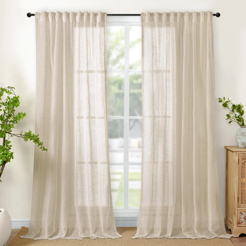 YoungsTex Extra Long Linen Curtains for Living Room 102 Inch Length - Light Filtering Farmhouse Drapes Semi Sheer with Rod Pocket Back Tab for Bedroom Windows, Oatmeal, 2 Panels, 52 X 102 Inch