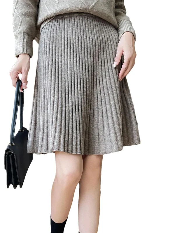 Women Wool Short Knitted Mini Skirt Solid Elastic High Waist Pleated Umbrella Skirts Lighttan L