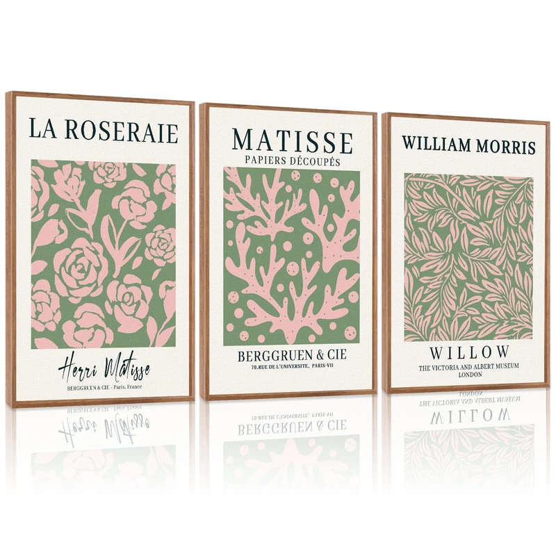 HLNIUC Neutral Green Pink Framed Wall Art Set
