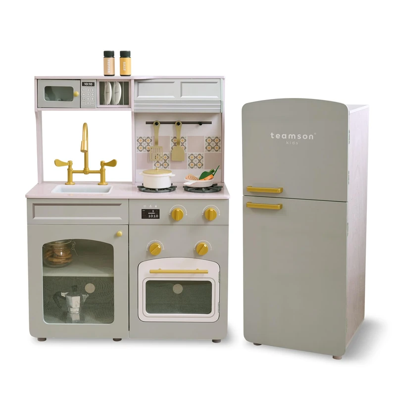 Teamson Kids Little Chef Normandy Wooden Play Kitchen, Soft Green Modular Set with Separate Fridge, Sink, Click Knobs, Storage & 14 Accessories for Pretend Play