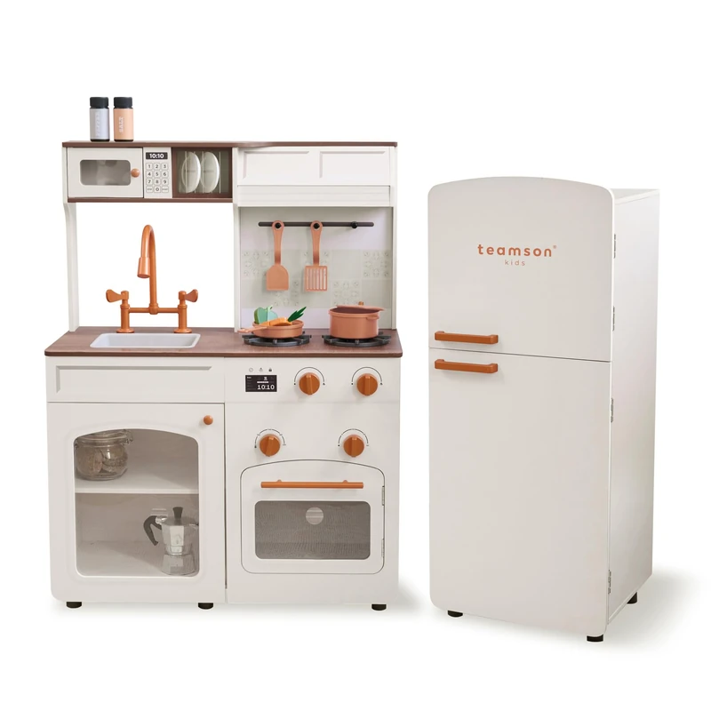 Teamson Kids Little Chef Normandy Wooden Play Kitchen, Off-White Modular Set with Separate Fridge, Sink, Click Knobs, Storage & 14 Accessories Included