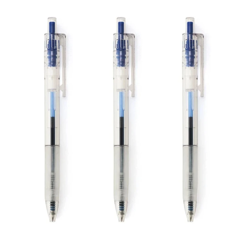 MUJI Polycarbonate Ballpoint Pens, 0.5mm Fine Tip, Rubber Grip, Pack of 3, Black/Red/Blue (Blue)