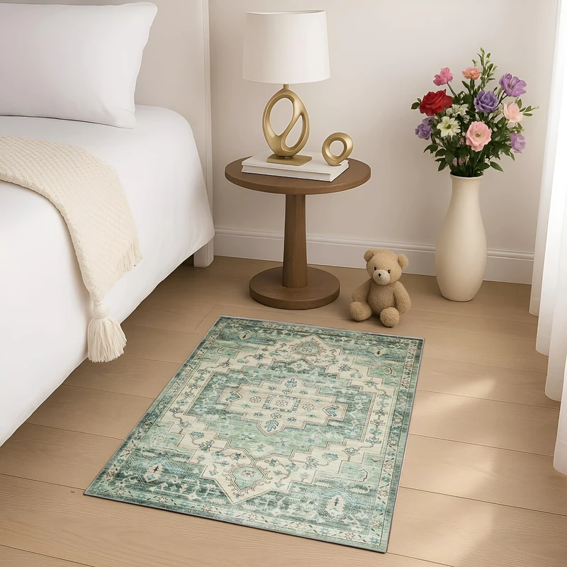 Aspire Homeware Machine Washable Area Rugs for Bedroom Small Sage Green Rug 40x60 cm Low Pile Non Slip Bedside Rug, Entryway Floor Carpet Traditional Vintage Design Mat for Kitchen Bathroom, Ember