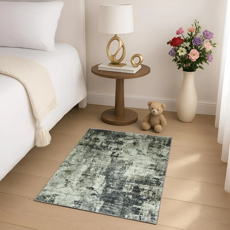 Aspire Homeware Machine Washable Area Rugs for Bedroom Small Abstract Gry Rug 40x60 cm Low Pile Non Slip Bedside Rug, Entryway Floor Carpet Traditional Vintage Design Mat for Kitchen Bathroom, Frost