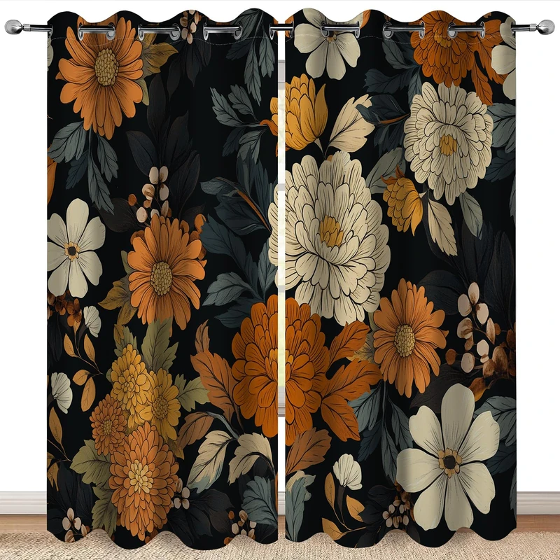 Retro Boho Flower Floral Blackout Curtains Colorful Flowers Halloween Spring Summer Autumn Winter Decor Women Men Girls Boys Bedroom Door Living Room Darkening Grommet Window Drapes 2 Panels, 52"x84"