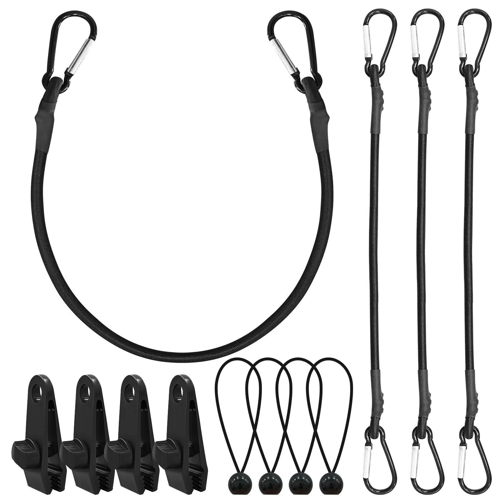 Bungee Cords with Hooks – 4pcs 60cm Heavy Duty Bungee Straps, 4pcs Tarp Clips & 4pcs Bungee Cord with Balls for Trunks, Camping Gear, Tarps, Trailers, DIY, Garden Furniture