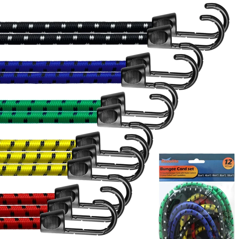 Rezolite 12-Piece Bungee Cords with Hooks - Multi-Size Set