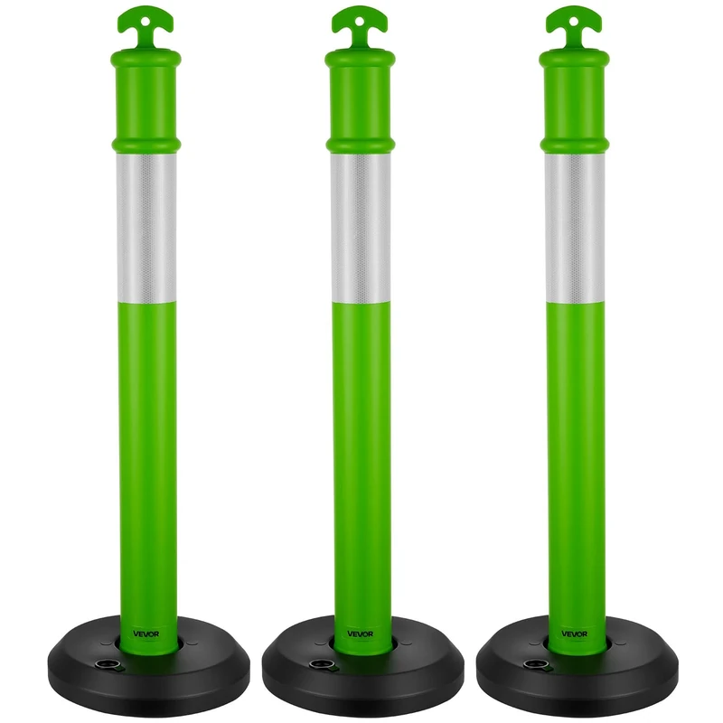 VEVOR 3 Pack Traffic Delineator Posts, 1140 mm Traffic Safety Cones with Fillable Base and Reflective Strips, Heavy Duty Delineator Posts for Construction Site, Parking Lot, Crowd Control, Green
