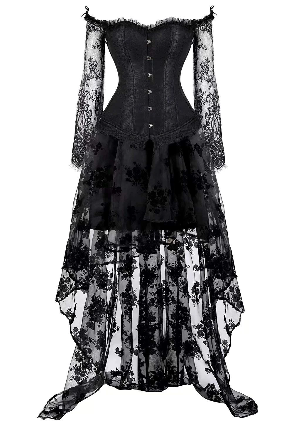 jutrisujo Corset Dress Women Overbust Bustier Basques Skirt Long Asymmetry lace Vintage Halloween Costumes Victorian Black XXS