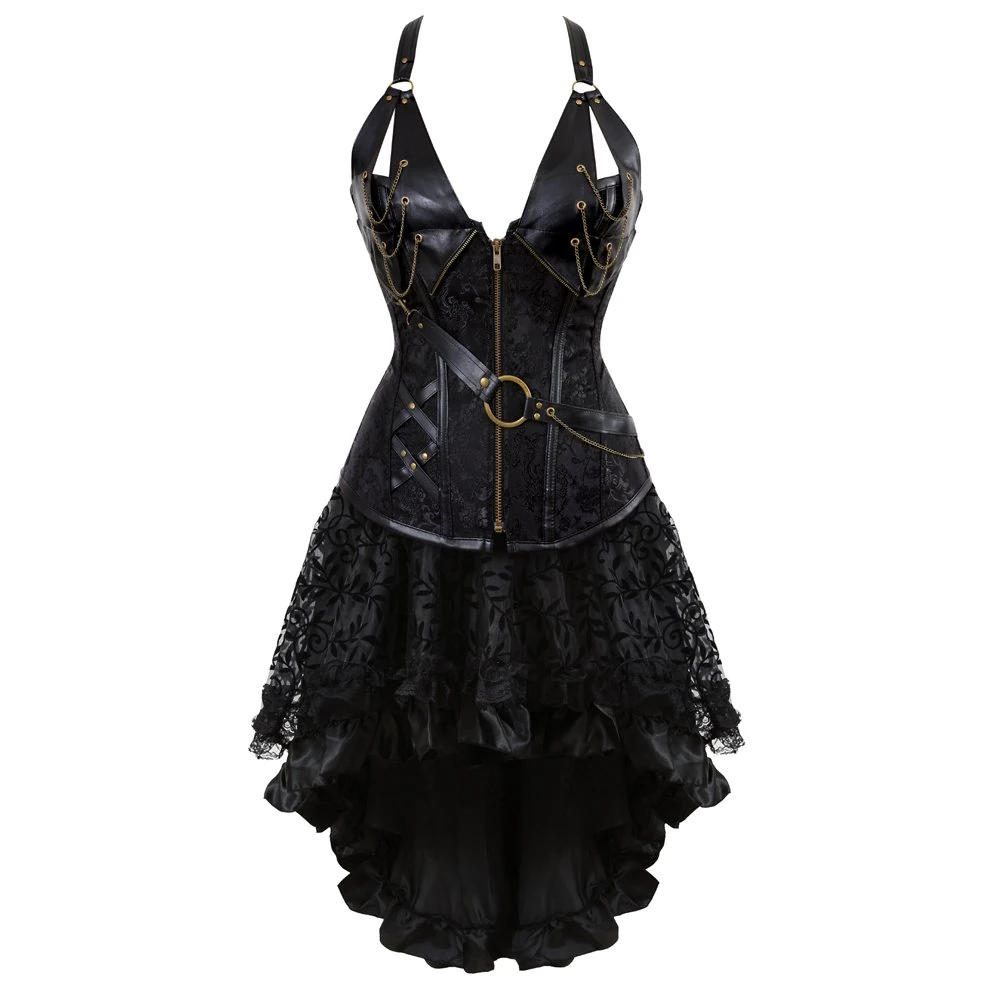 jutrisujo Steampunk Corset Dress and Skirt Bustier Leather Basques Womens Burlesque Plus Size Pirate Halloween Costumes Sexy Black XS