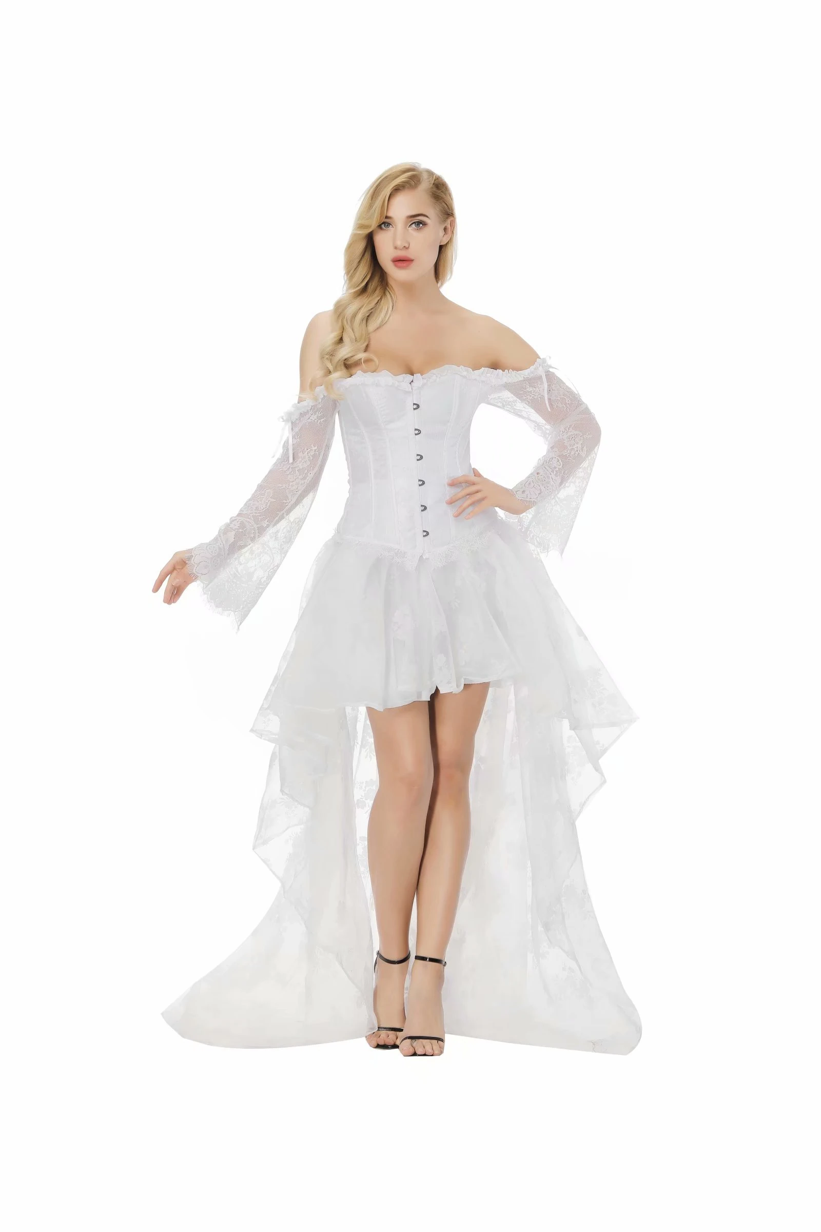 jutrisujo Corset Dress Women Overbust Bustier Basques Skirt Long Asymmetry lace Vintage Halloween Costumes Victorian White XXS