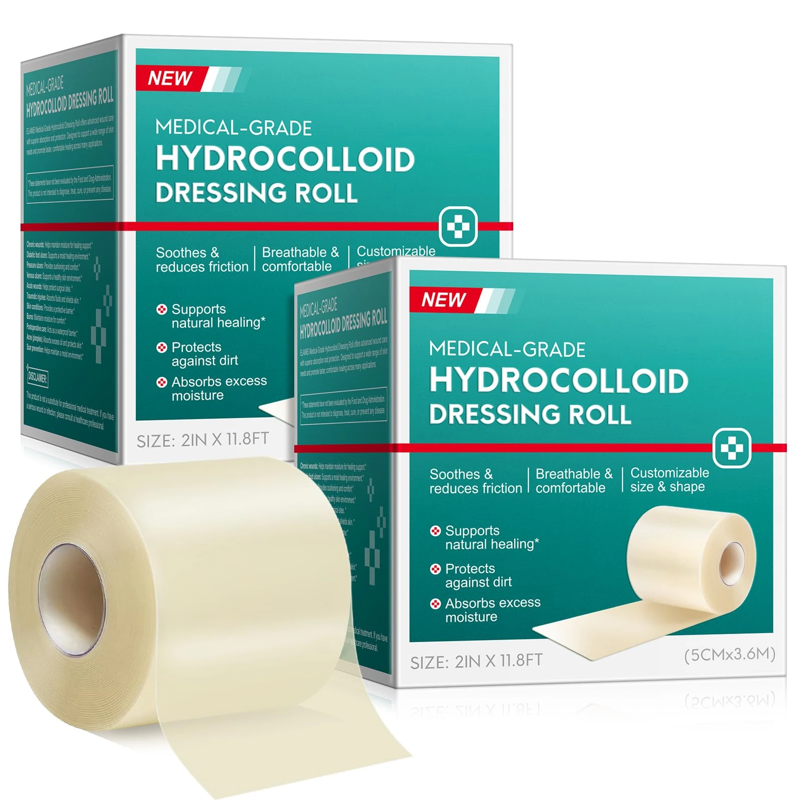 2Pack Hydrocolloid Roll for Wound Care (2IN X11.8FT), Self-Adhesive Hydrocolloid Patch Bandages for Wound Healing,Ultra-Thin & Waterproof, Scar Prevention, Burn Care, DIY Size & Shape
