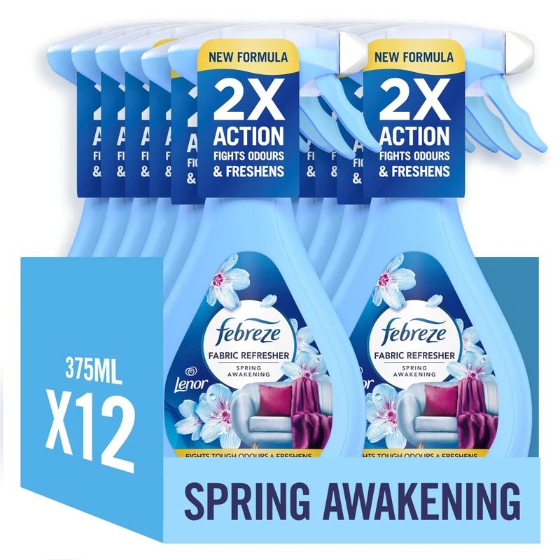 Febreze Fabric Freshener Spray Lenor Spring Awakening 12 x 385ML, Fights Tough Odours Trapped In Fabrics And Leaves A Fresh Scent