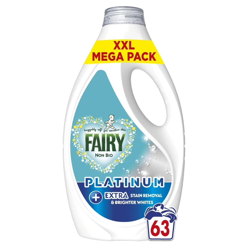 Fairy Non Bio Washing Liquid, 63 Washes, 1.953l, Platinum, With Extra Stain Removal and Brighter Whites, For Sensitive Skin