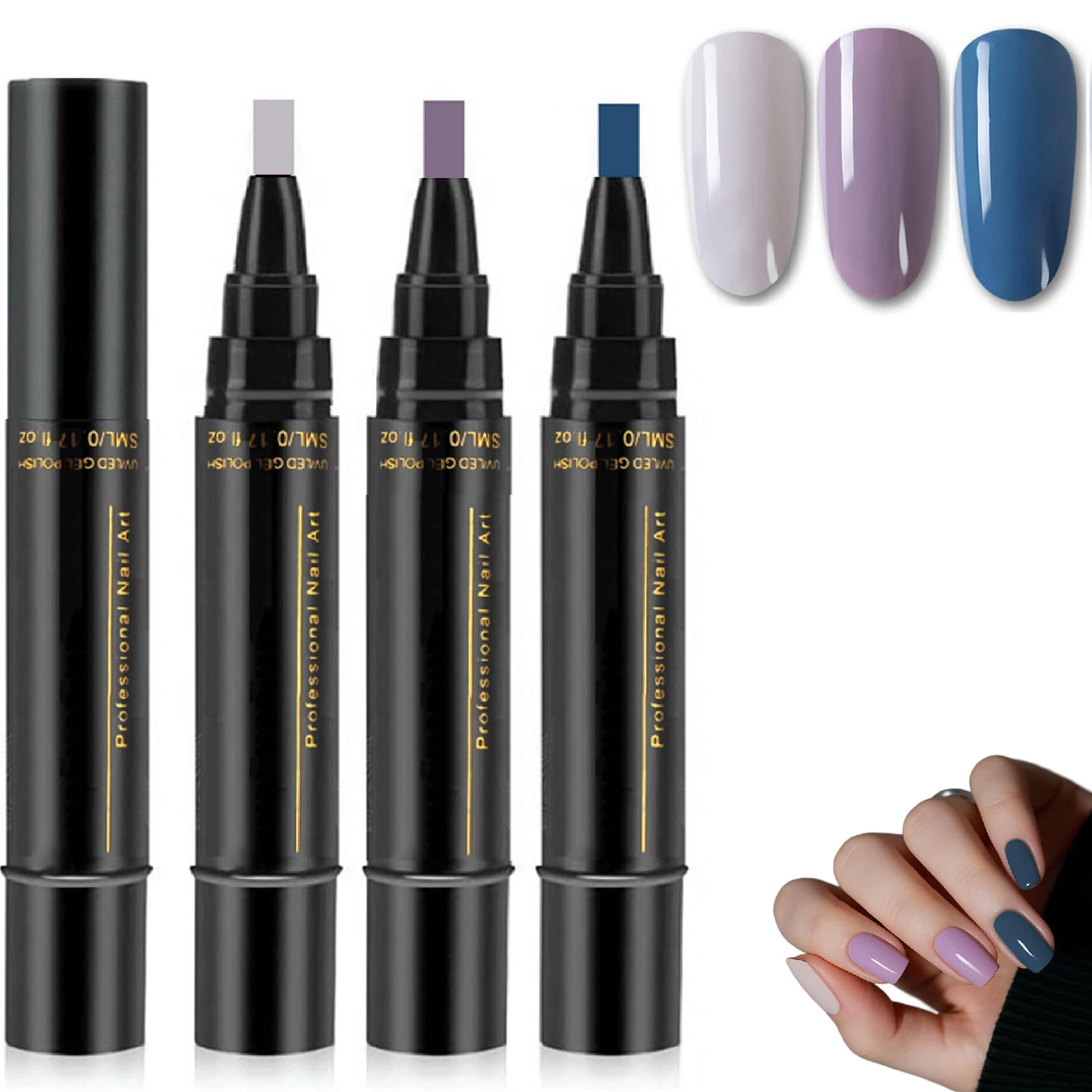 3 Colors One Step 3-in-1 UV Gel Nail Polish Pen Kit, Quick-Dry Soak-Off Nail Art Pens, No Base Coat Needed, Includes Light Purple, Lavender & Blue Shades for DIY & Professional Manicure