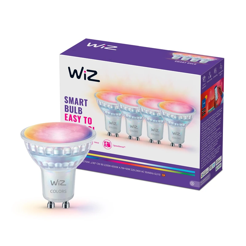 WiZ Smart LED Glass GU10Spotlight, Full Color and Tunable White, 50W Equivalent, 2200-6500K, 345 Lumens, Dimmable, Works with Alexa, Google Assistant, and Apple Home, 4 Pack