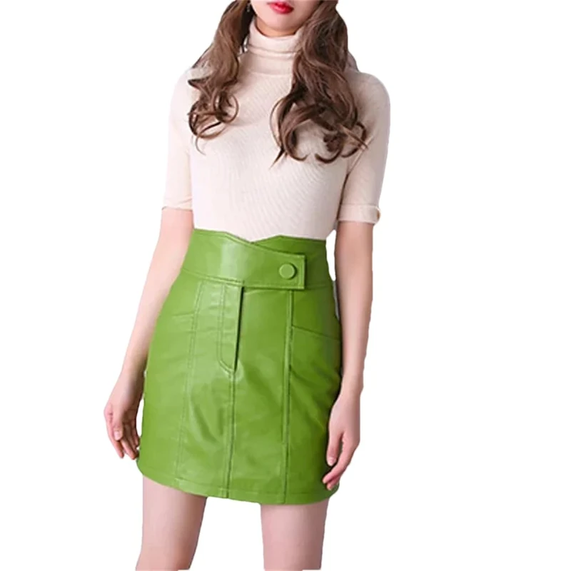 Women Leather Short Skirt Ladies A-Line Slim Zipper Slim Mini Skirt Office Work Solid Skirts Black XL