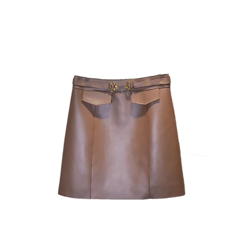 Women Leather Mini Skirt High Waist Vintage A-Line Skirt Office Work Solid Mini Skirt Brown XXL