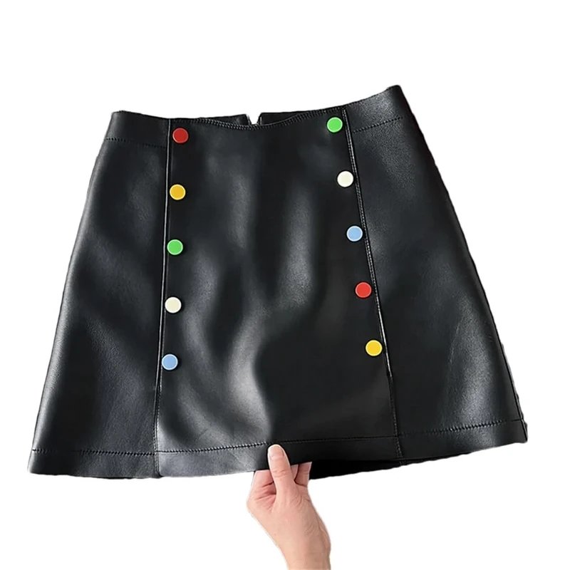 Women Pu A-Line Skirt Colorful Buttons Double-Breasted Mini Skirt Slim Fit Casual Skirts Black XXL