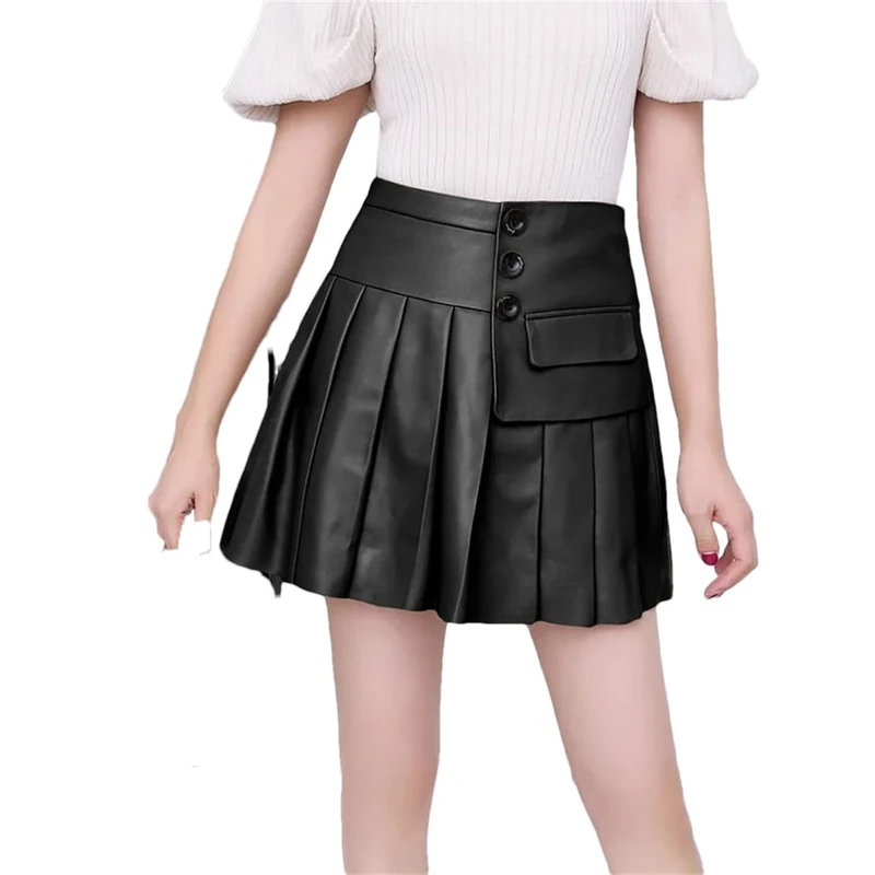 Women Leather Skirt High Waist Buttons Pleated Skirt Sexy Casual Mini A-Line Skirts Black XXL