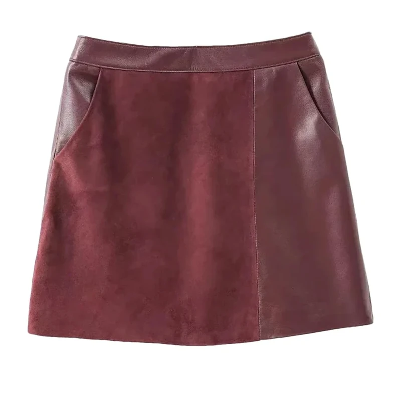 Woman Leather Suede Patchwork Short Female A-Line Asymmetric Slim Mini Skirts with Pocket Claret XL