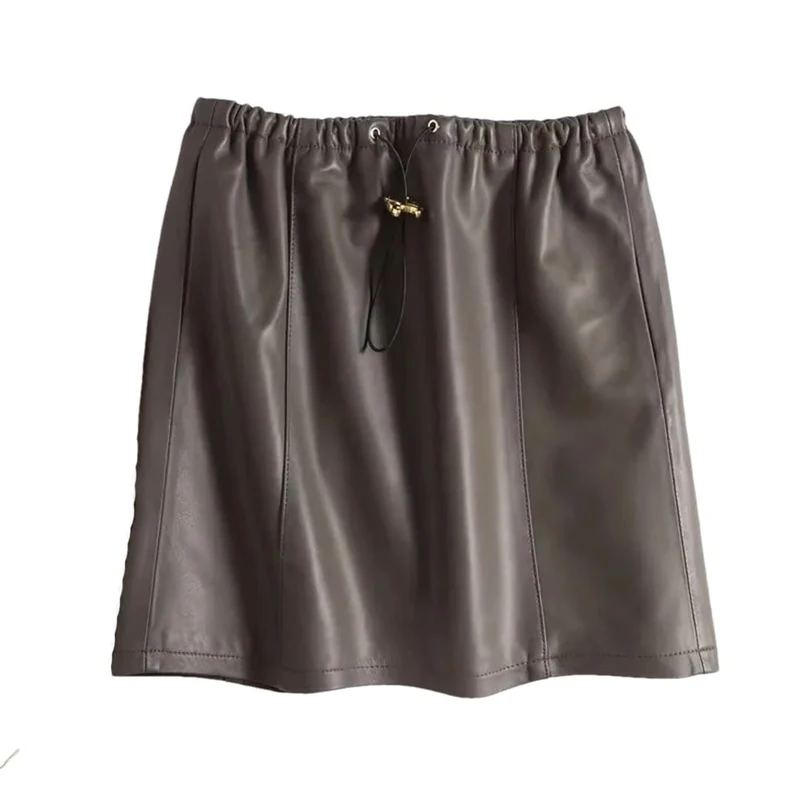 Women Leather Mini Skirt High Elastic Waist Drawstring Skirt Casual Street Straight Skirts Brown XXL