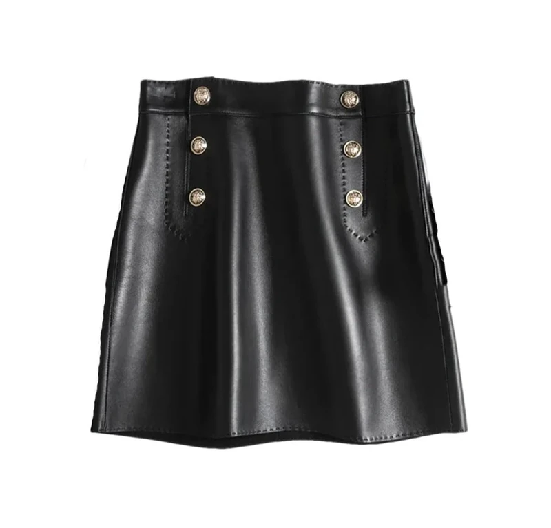 Women High Waist Mini Skirts Wrap Leather Double Breasted Metal Button Skirts Office Skirt Black XXL
