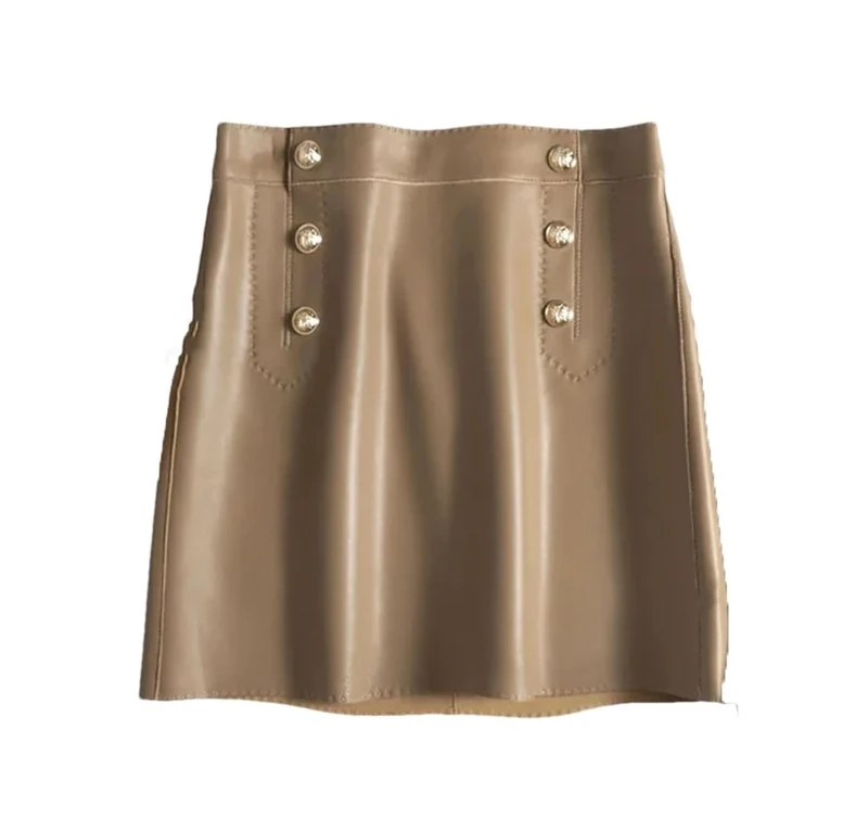 Women High Waist Mini Skirts Wrap Leather Double Breasted Metal Button Skirts Office Skirt Brown XXL