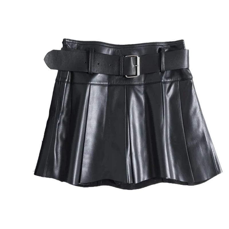 Women Leather Pleated Short Skirt Solid Belt Preppy Style A-Line Mini Skirt Black M