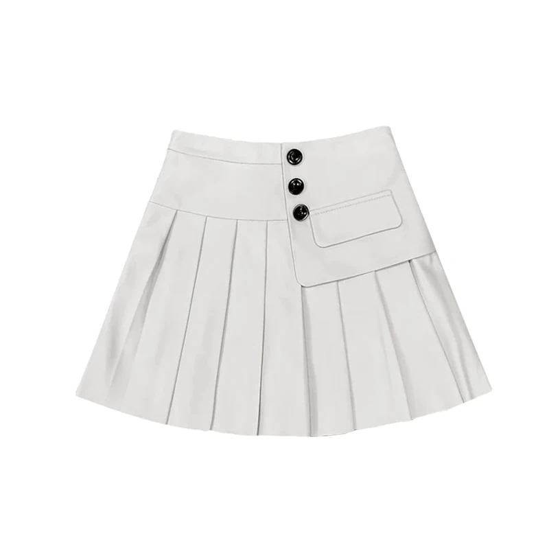 Women Leather Skirt High Waist Buttons Pleated Skirt Sexy Casual Mini A-Line Skirts White XXL