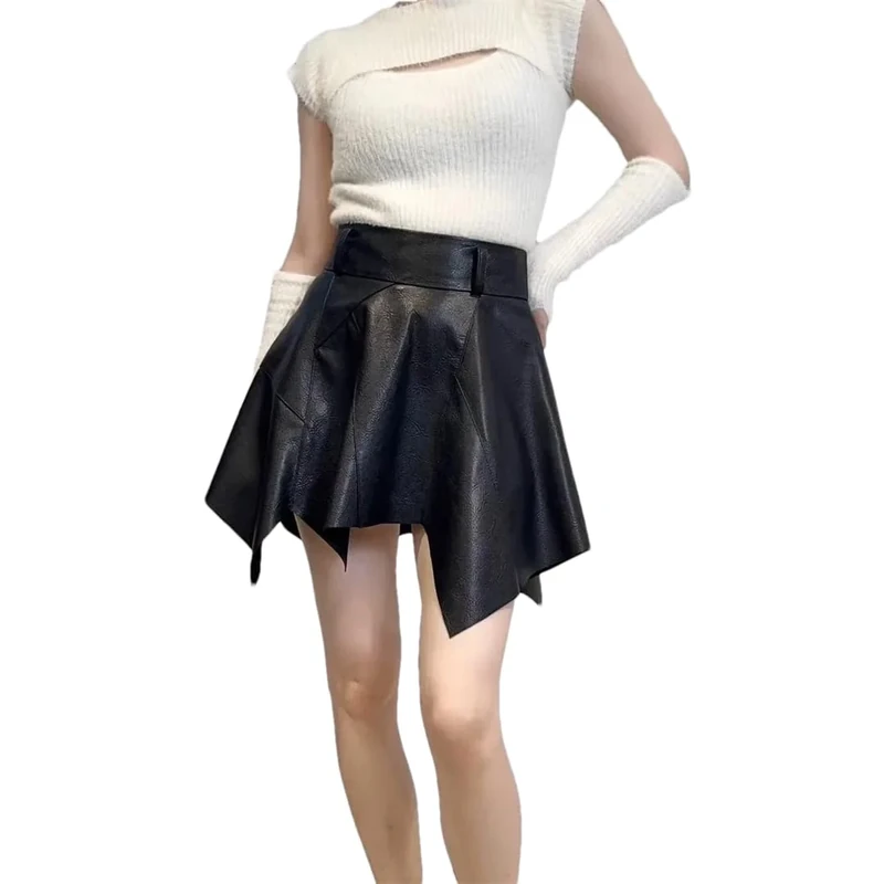 Women Leather Mini Skirt High Waist Sexy Mini Irregular Skirt Sexy Slim Fit Street Skirts Black XXL