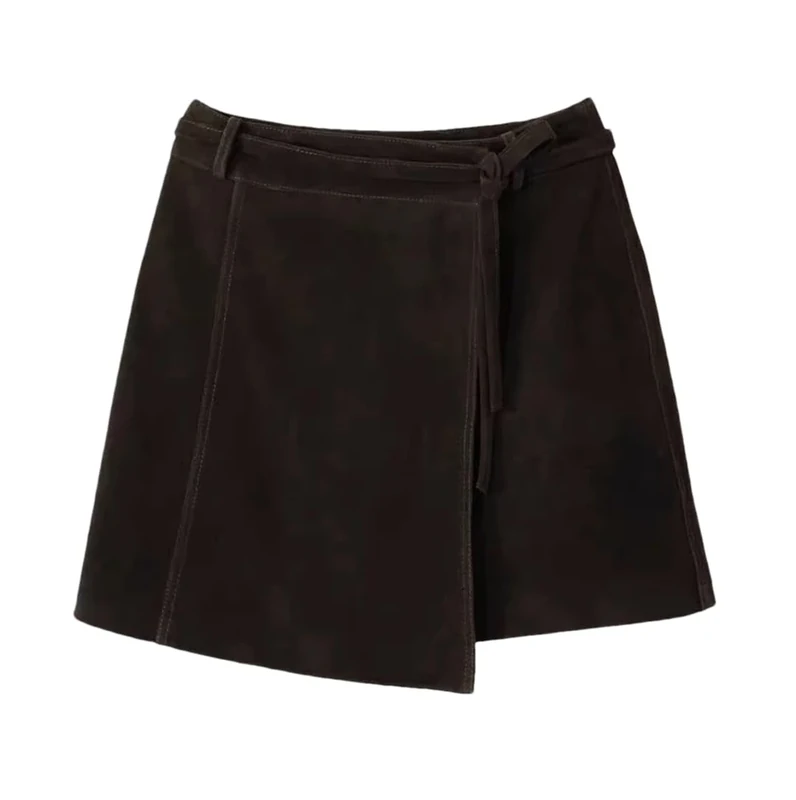 Women Suede Leather Mini Skirt Solid High Waist Skirt Harajuku Vintage Casual Skirts Brown L