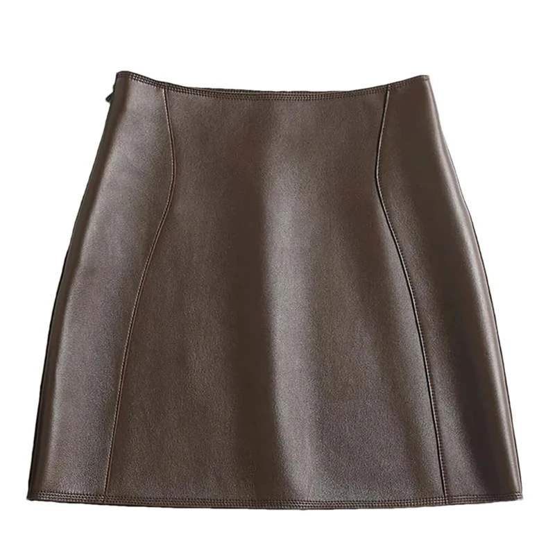 Women Leather Sexy Mini Skirt Slim Fit High Waist A-Line Skirt Office Work Business Skirts Brown XL