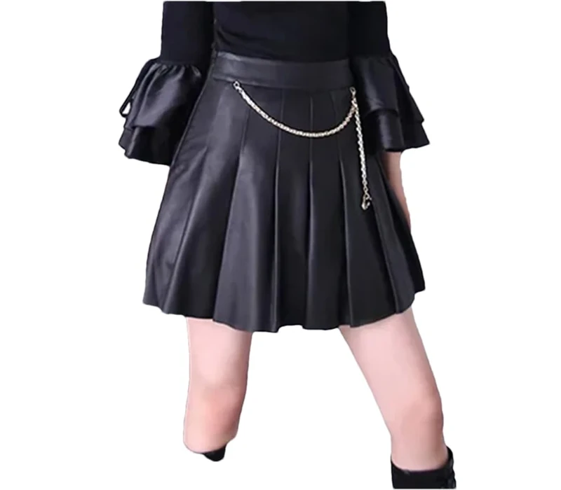 Women Mini Pleated Leather Skirt High Waist Preppy Style Pleated Skirt Slim A-Line Mini Skirts Black M