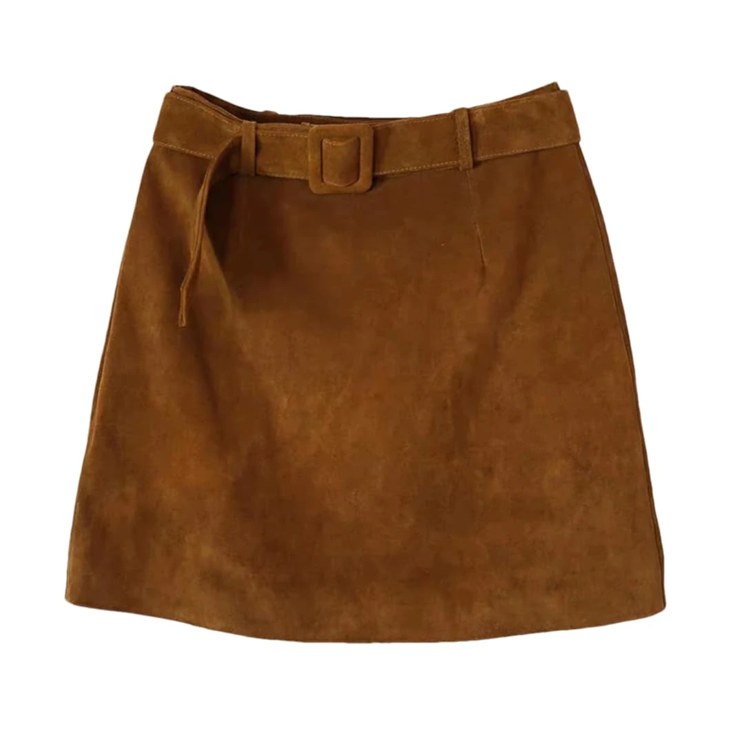 Women Solid Color Micro Skirt Vintage High Wide Belt Mini Skirts Solid Casual Skirt Yellow Brown XXL