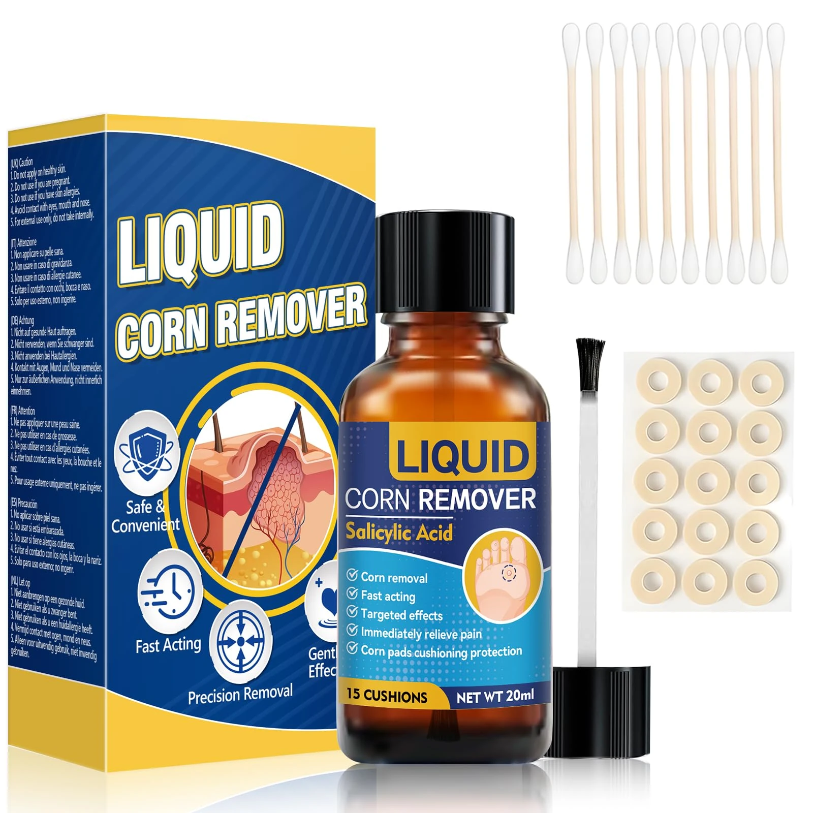 Corn and Wart Remover for Feet, Gentle Fast-Acting Foot Care Liquid for Corns, Calluses and Common Warts, Helps Smooth Rough Skin, 20ml with Cushions and Swabs