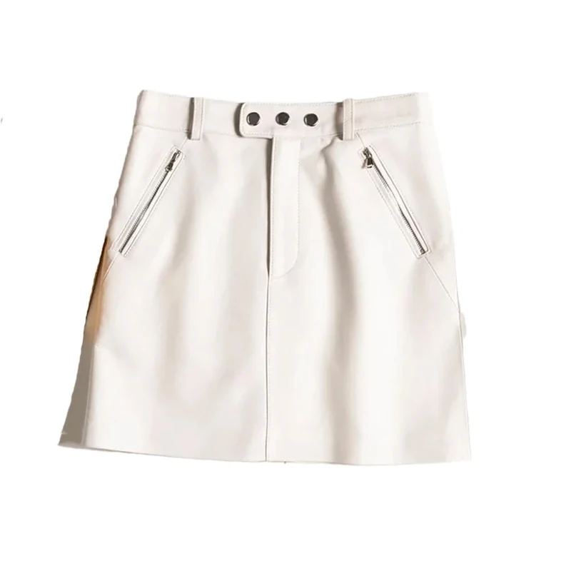 Women Leather Short Skirt High Waist Pocket A-Line Sexy Mini Skirt Slim Zipper Casual Skirts White S