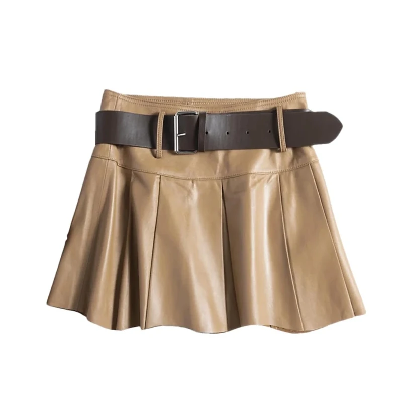 Women Leather Pleated Short Skirt Solid Belt Preppy Style A-Line Mini Skirt Khaki M